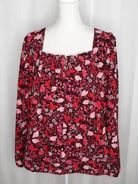 Draper James Square Neck Black/Red Ginko Print Blouse